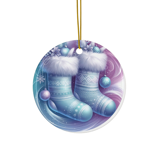 Christmas Stocking Ceramic Ornament, Blue Silver Winter Wonderland Holiday Decor, Home Xmas Tree Decoration, Gift Idea