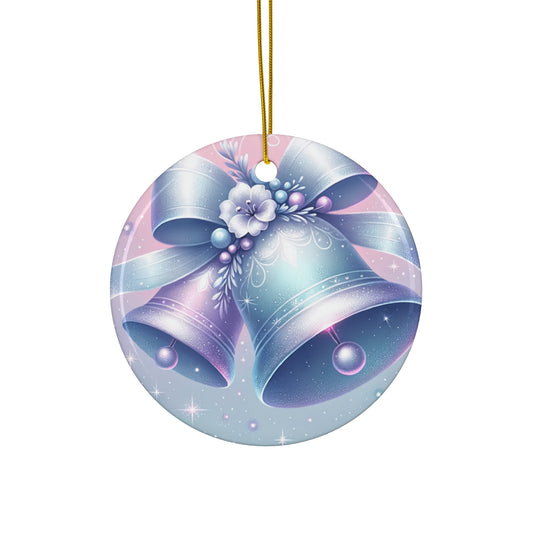 Ceramic Ornament, Christmas Bells, Winter Wonderland Decor, Blue Silver Holiday Gift, Tree Decoration, Festive Ornament