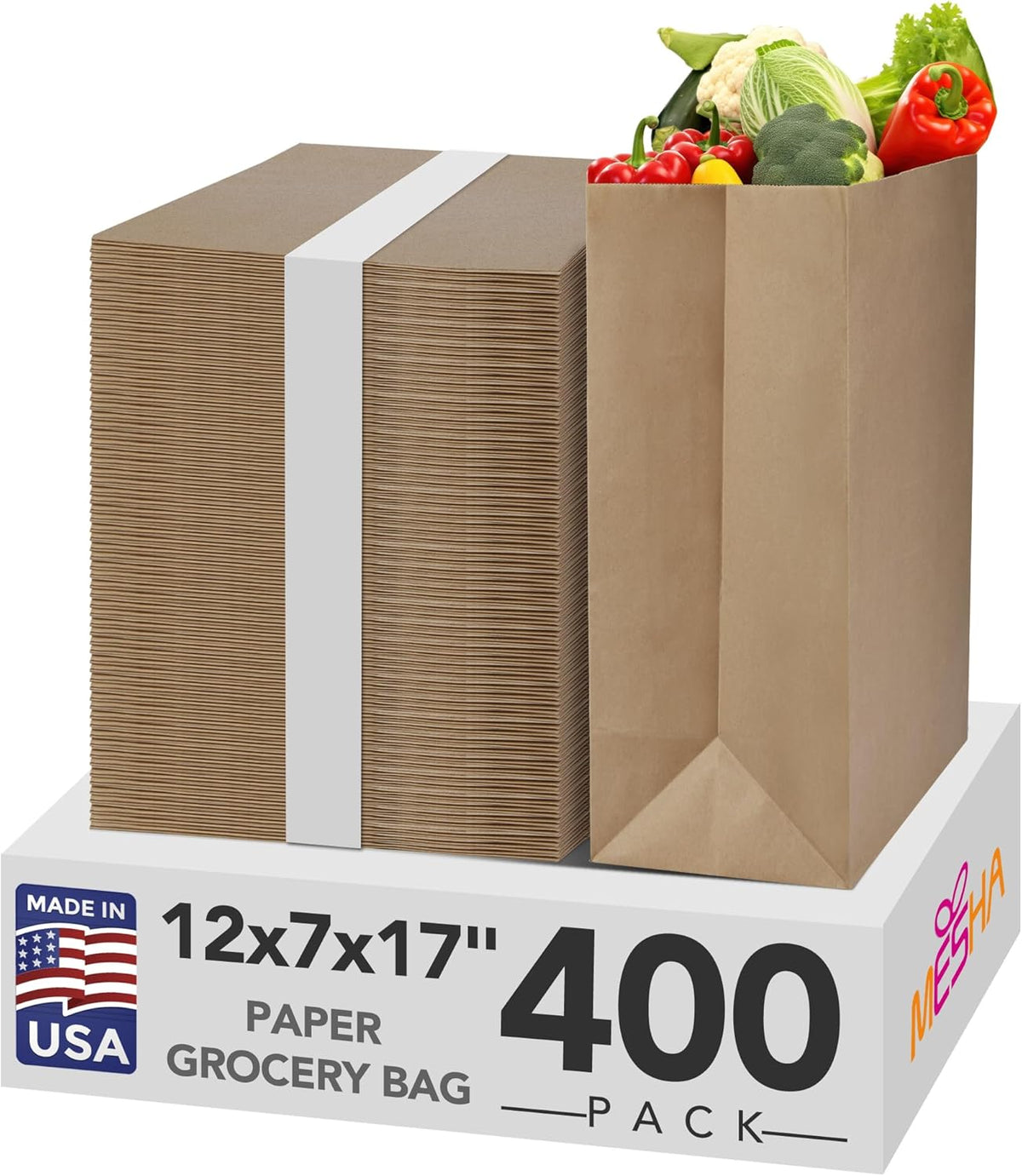 12x 7x17 Inch Kraft Paper Gift Bags Fold Top | 400 Pack Wholesale