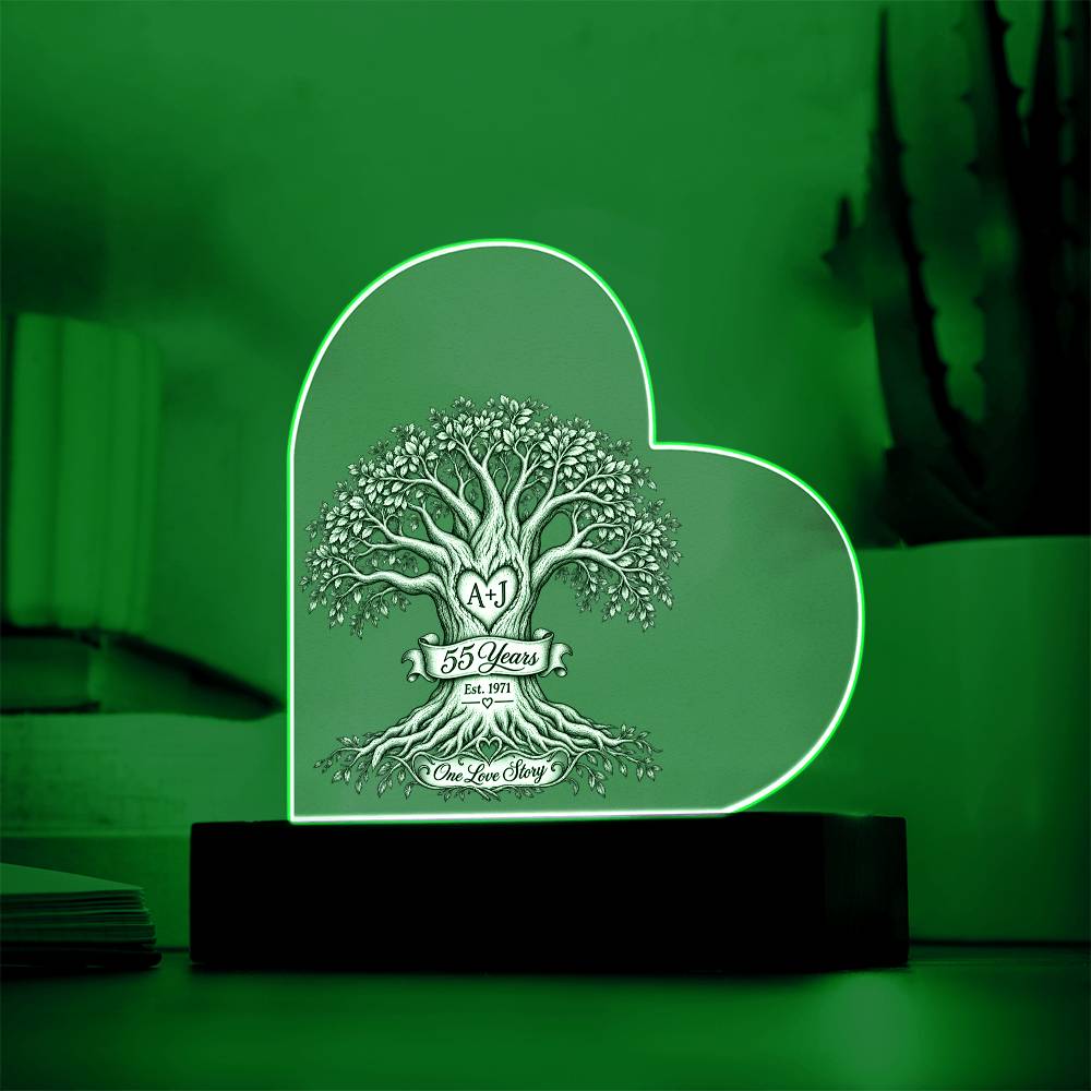 55th Anniversary Tree of Life Acrylic Heart Plaque, Personalized Couple Keepsake, One Love Story LED Light Gift for Parents or Spouse
