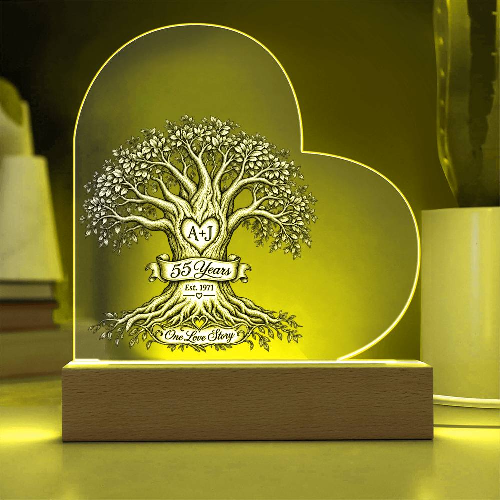 55th Anniversary Tree of Life Acrylic Heart Plaque, Personalized Couple Keepsake, One Love Story LED Light Gift for Parents or Spouse