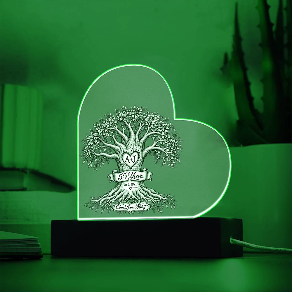 55th Anniversary Tree of Life Acrylic Heart Plaque, Personalized Couple Keepsake, One Love Story LED Light Gift for Parents or Spouse