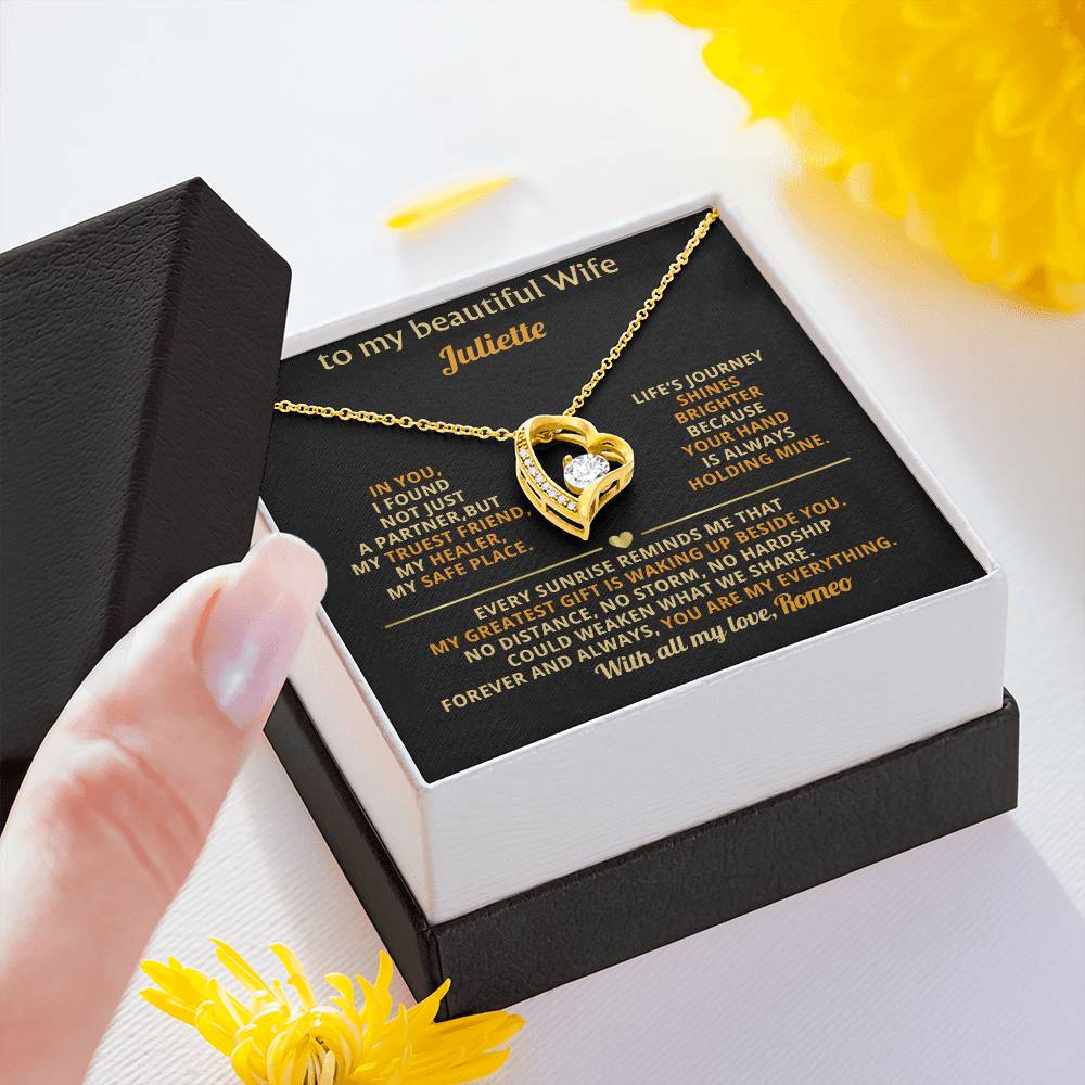 Personalized Forever Love Necklace, Gold Heart Pendant, Cubic Zirconia Jewelry, Romantic Gift for Wife, Custom Anniversary or Just Because Necklace