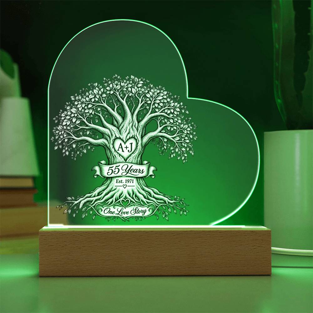 55th Anniversary Tree of Life Acrylic Heart Plaque, Personalized Couple Keepsake, One Love Story LED Light Gift for Parents or Spouse