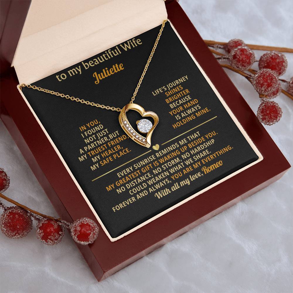 Personalized Forever Love Necklace, Gold Heart Pendant, Cubic Zirconia Jewelry, Romantic Gift for Wife, Custom Anniversary or Just Because Necklace