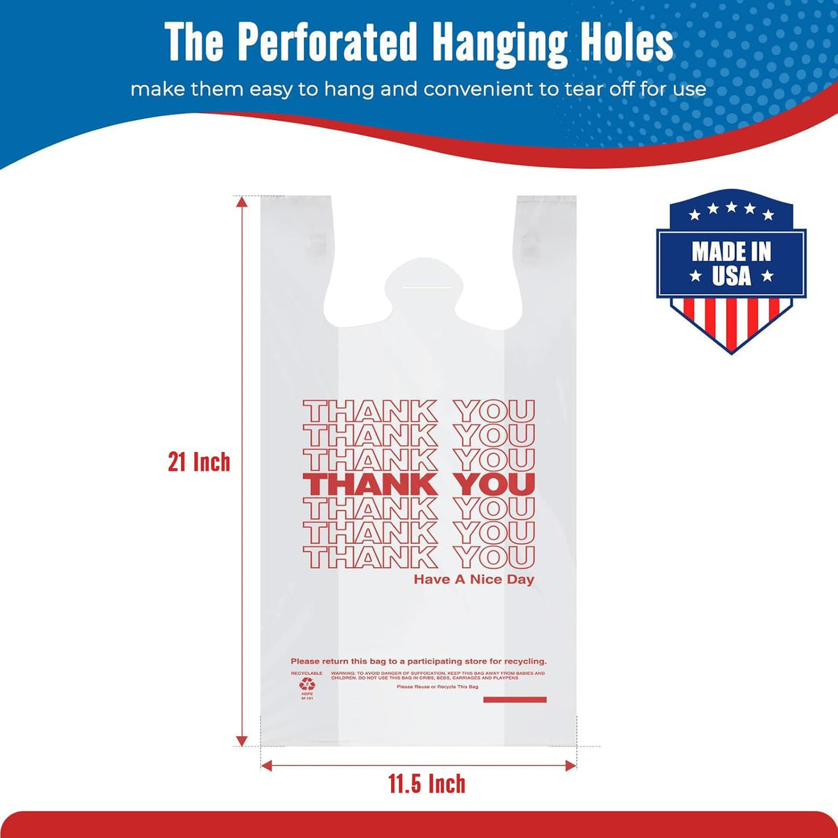 11.5x6.5x21" 0.47mil Thank You Plastic Bags 1000 Count Wholesale