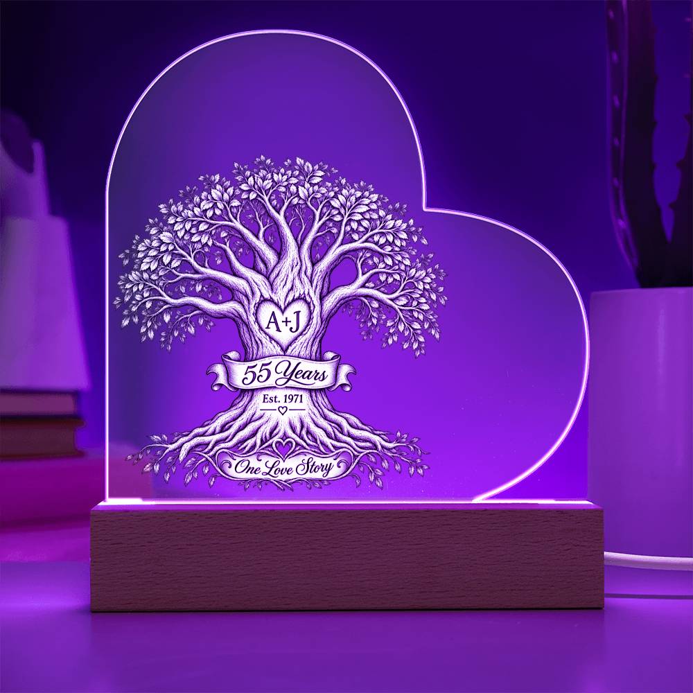 55th Anniversary Tree of Life Acrylic Heart Plaque, Personalized Couple Keepsake, One Love Story LED Light Gift for Parents or Spouse