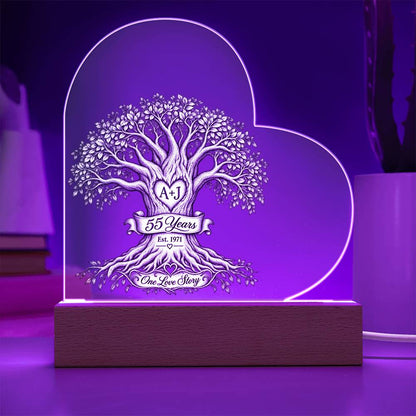 55th Anniversary Tree of Life Acrylic Heart Plaque, Personalized Couple Keepsake, One Love Story LED Light Gift for Parents or Spouse