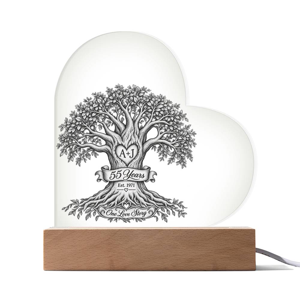 55th Anniversary Tree of Life Acrylic Heart Plaque, Personalized Couple Keepsake, One Love Story LED Light Gift for Parents or Spouse