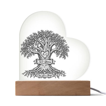 55th Anniversary Tree of Life Acrylic Heart Plaque, Personalized Couple Keepsake, One Love Story LED Light Gift for Parents or Spouse