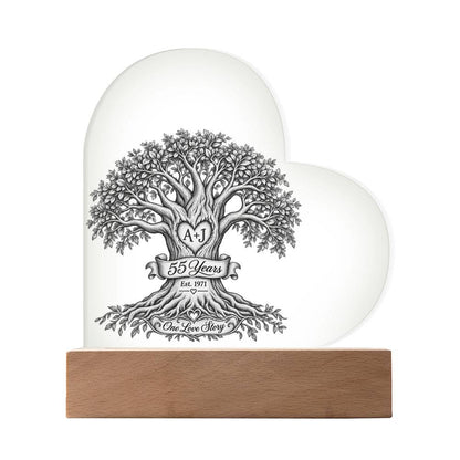 55th Anniversary Tree of Life Acrylic Heart Plaque, Personalized Couple Keepsake, One Love Story LED Light Gift for Parents or Spouse
