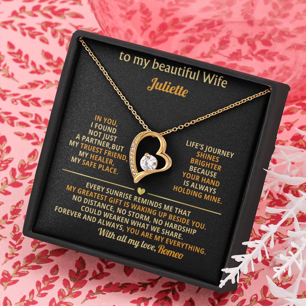 Personalized Forever Love Necklace, Gold Heart Pendant, Cubic Zirconia Jewelry, Romantic Gift for Wife, Custom Anniversary or Just Because Necklace