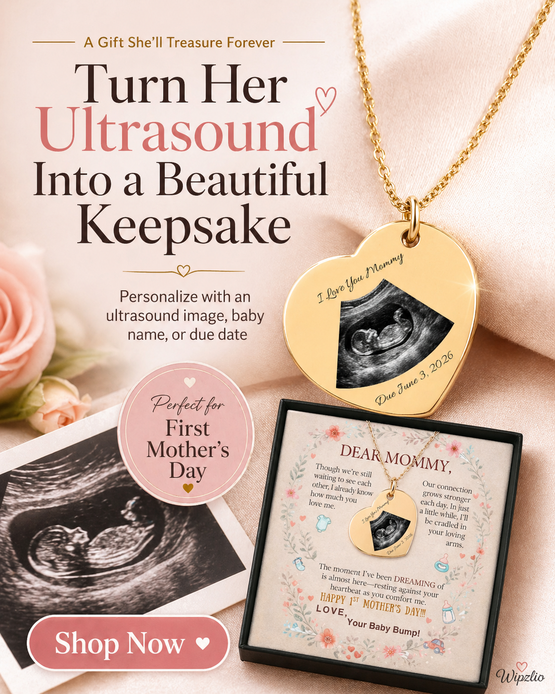 Custom Sonogram Heart Necklace — Personalized Keepsake Gift for New Moms