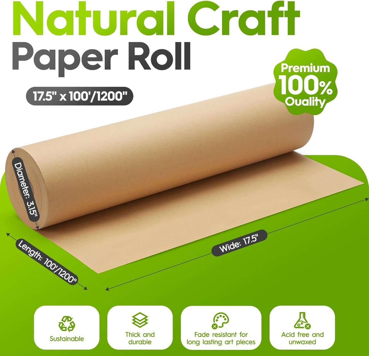 17.5 Inch x 100ft Brown Kraft Paper Roll Craft Wrapping Paper | 16 Roll Wholesale