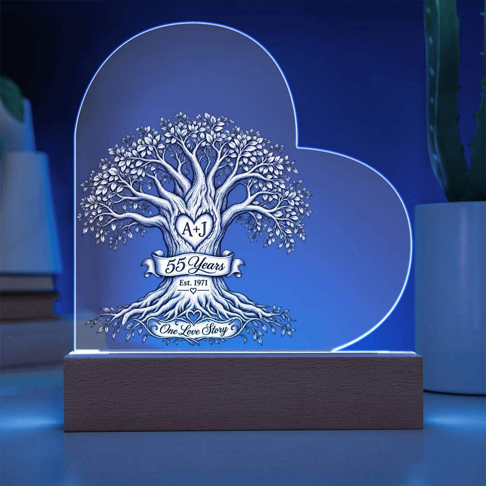 55th Anniversary Tree of Life Acrylic Heart Plaque, Personalized Couple Keepsake, One Love Story LED Light Gift for Parents or Spouse