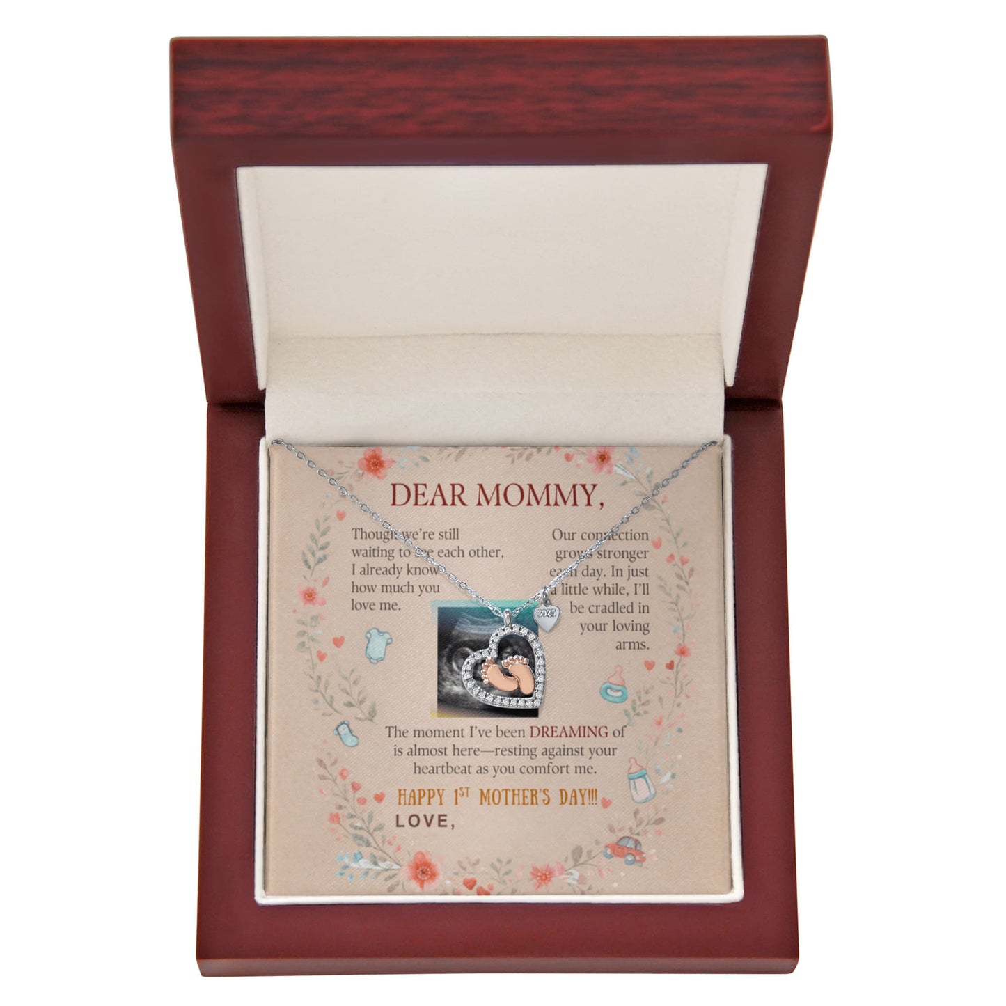 Baby Feet Necklace with personalized message card.