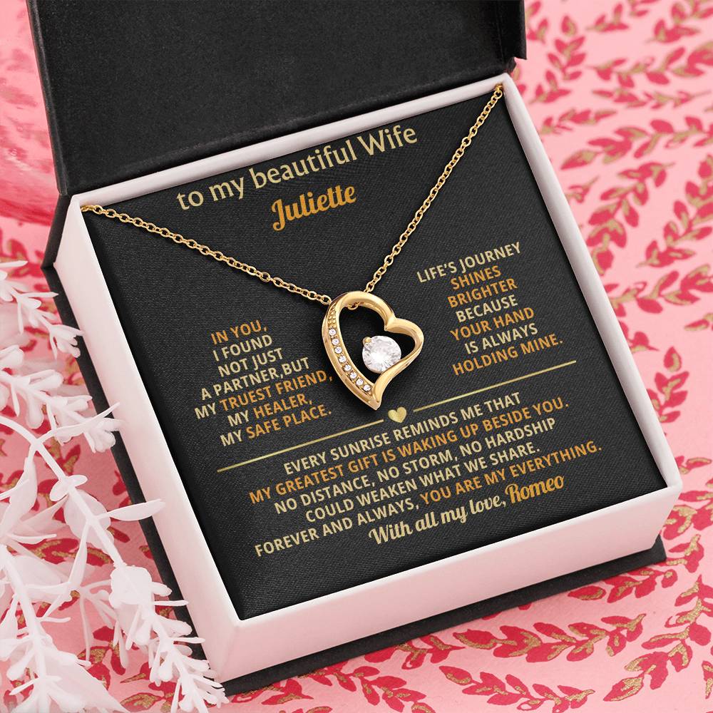 Personalized Forever Love Necklace, Gold Heart Pendant, Cubic Zirconia Jewelry, Romantic Gift for Wife, Custom Anniversary or Just Because Necklace