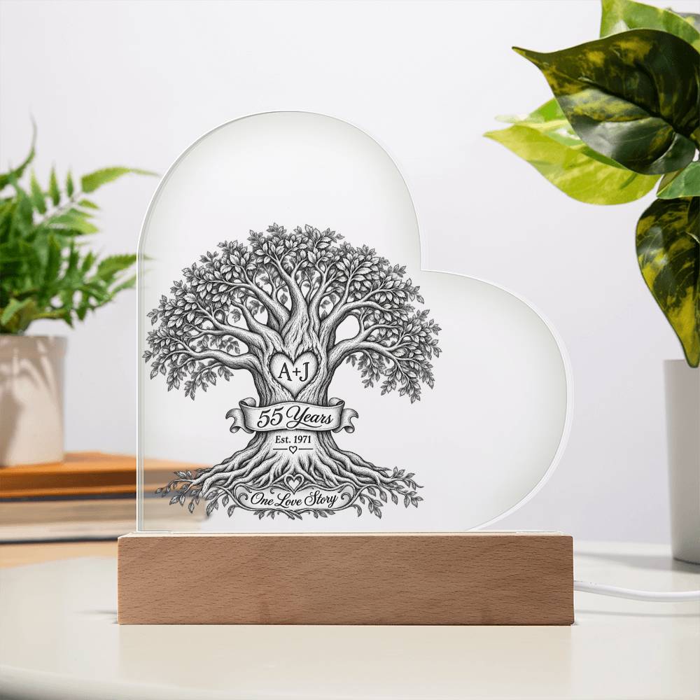 55th Anniversary Tree of Life Acrylic Heart Plaque, Personalized Couple Keepsake, One Love Story LED Light Gift for Parents or Spouse
