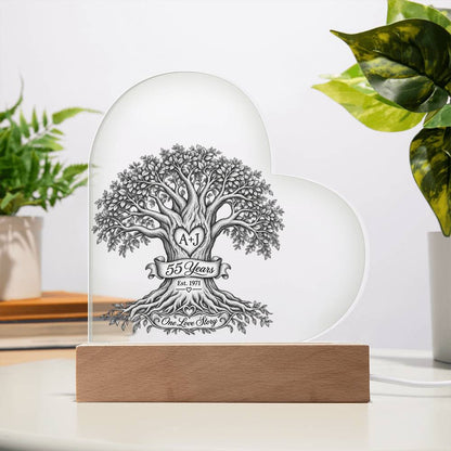 55th Anniversary Tree of Life Acrylic Heart Plaque, Personalized Couple Keepsake, One Love Story LED Light Gift for Parents or Spouse