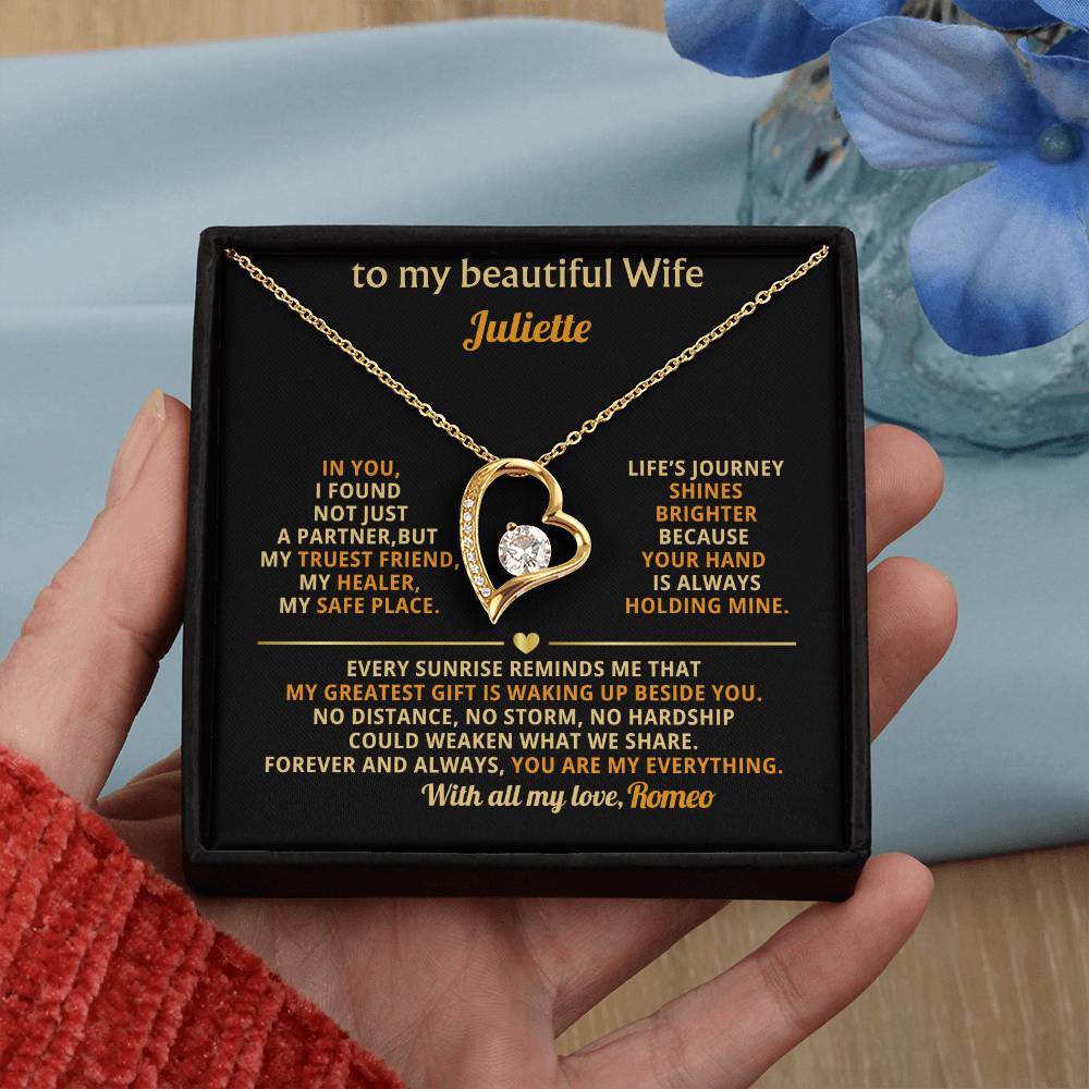 Personalized Forever Love Necklace, Gold Heart Pendant, Cubic Zirconia Jewelry, Romantic Gift for Wife, Custom Anniversary or Just Because Necklace