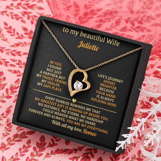 Personalized Forever Love Necklace, Gold Heart Pendant, Cubic Zirconia Jewelry, Romantic Gift for Wife, Custom Anniversary or Just Because Necklace