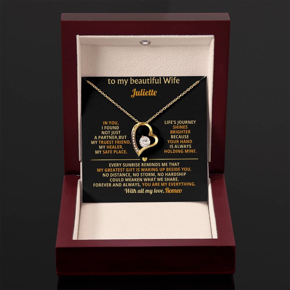 Personalized Forever Love Necklace, Gold Heart Pendant, Cubic Zirconia Jewelry, Romantic Gift for Wife, Custom Anniversary or Just Because Necklace