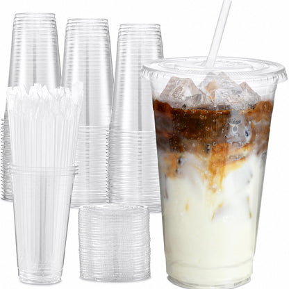 800 Sets 24oz Plastic Coffee Cups with Lids and Straws Wholesale